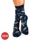 Chaussettes Bambou fin Fleurs & Oiseaux – Bleu marine
