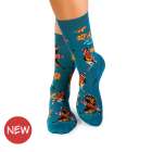 Șosete Fine din Bambus cu Flori și Păsări - Petrol