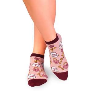 Къси Памучни чорапи с Черепи и Рози - Розов