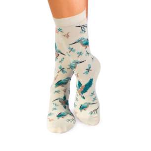 Λεπτές Κάλτσες από Μπαμπού με Λουλούδια και Πουλιά - Εκρού
