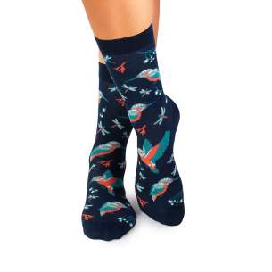 Λεπτές Κάλτσες από Μπαμπού με Λουλούδια και Πουλιά - Σκόυρο Μπλε